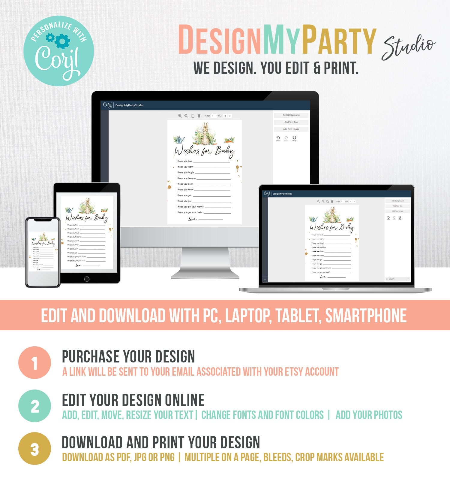 Editable Whishes for the Baby Game Baby Shower Greenery Peter Rabbit Baby Shower Bunny Spring Neutral Rustic Corjl Template Printable 0351