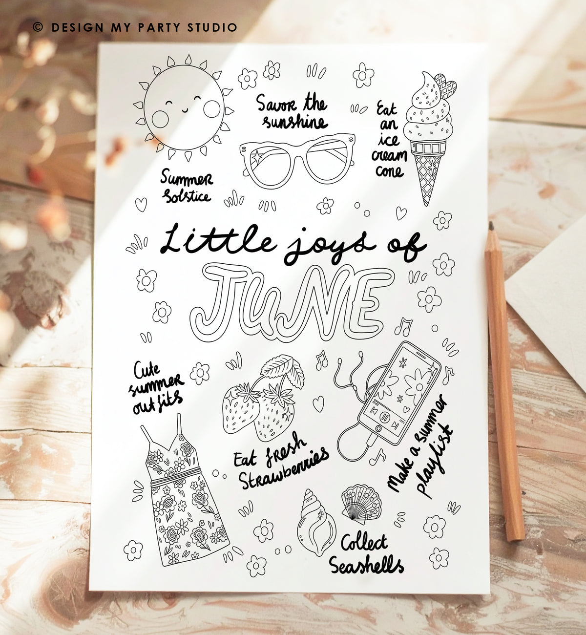 June Coloring Page Digital Instand Download Summer Kids Adults
