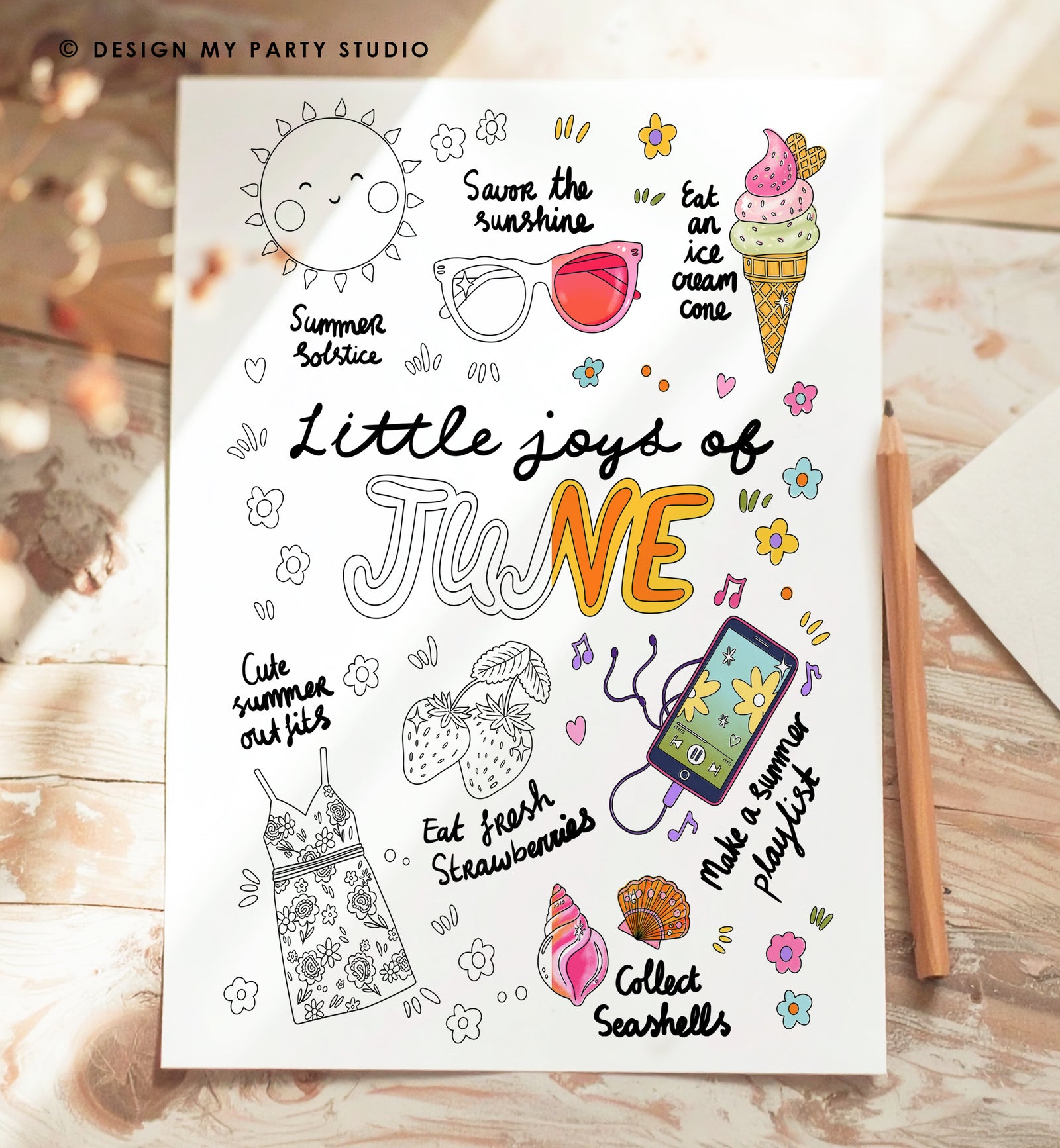 June Coloring Page Digital Instand Download Summer Kids Adults