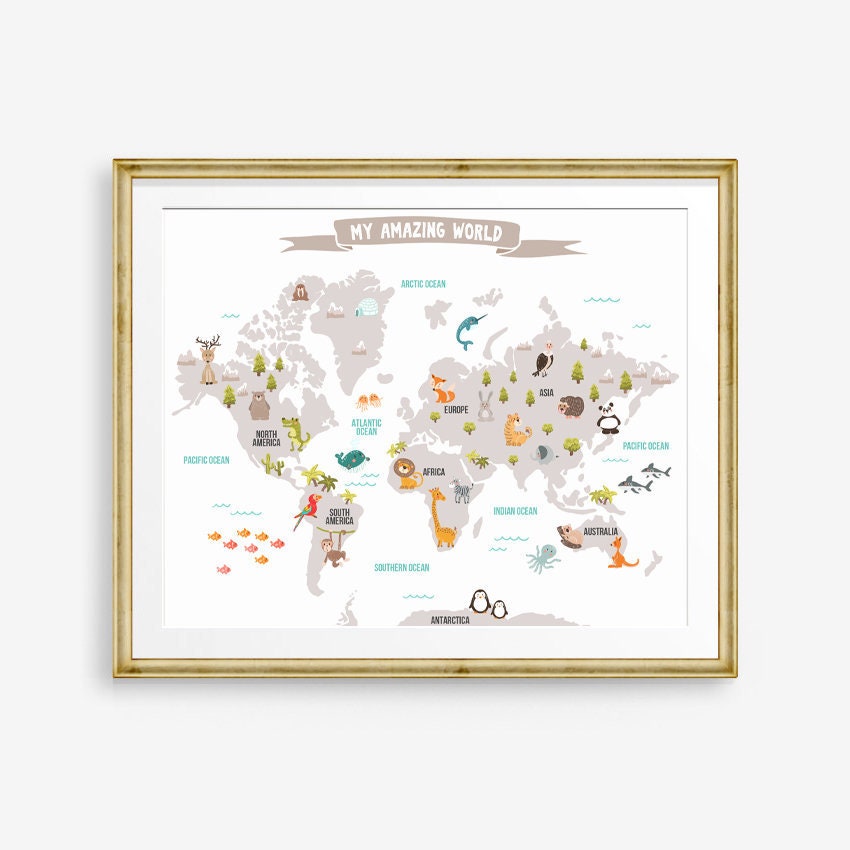 World map decal World map animals Animal World poster Map Compassion World Map Wall decal Kids room Nursery decor Digital PRINTABLE