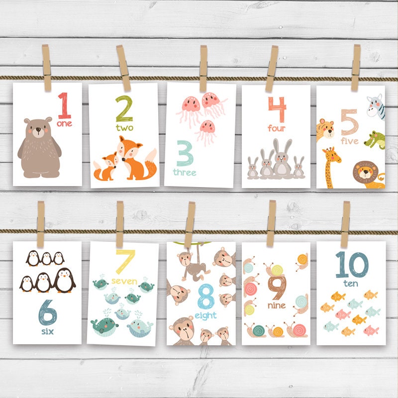 PRINTABLE Animal numbers card set Number flash cards Nursery wall cards 123 cards Wall cards Counting flash cards INSTANT DOWNLOAD Digital