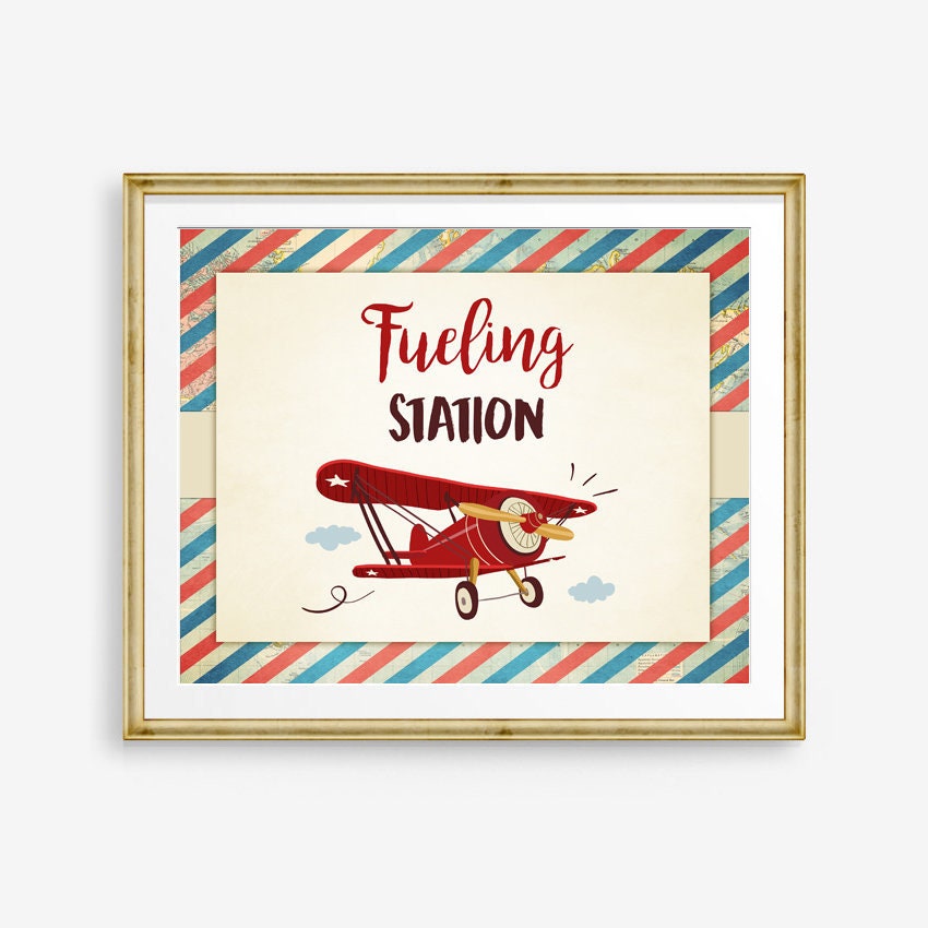 Fueling Station Sign Vintage Airplane Boy Birthday Party Sign Around the World Travel Adventure Baby Shower Instant Download Printable 0011