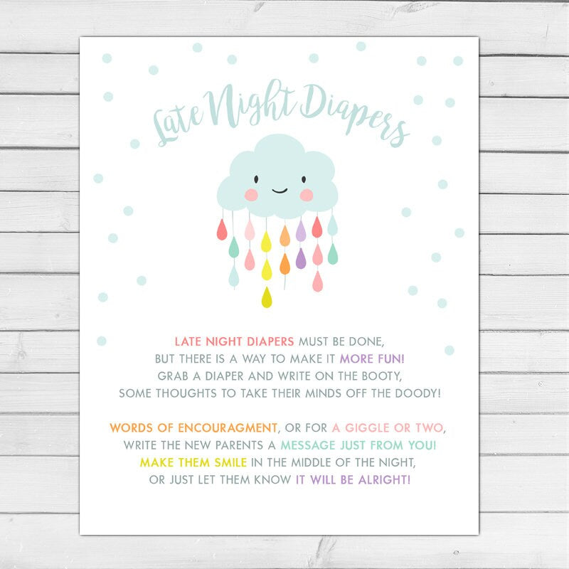 Late Night Diapers Baby Shower Sign Baby shower activity Rain Cloud shower game sign Raindrops Baby shower Cloud Baby Digital Printable 0036