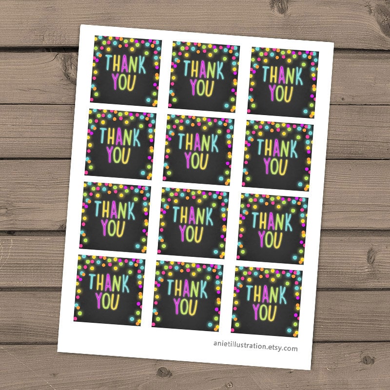Neon Glow Party Favor tags Glow Birthday Thank you tags Neon birthday party Glow in the dark Labels Pink purple Chalk Digital PRINTABLE 0310