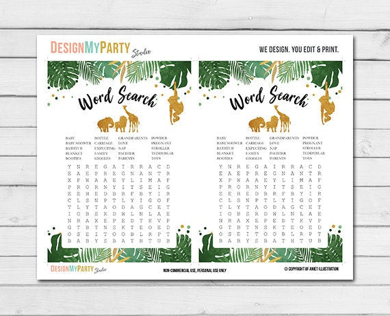 Safari Baby Shower Game Word Search Game Cards Wild One Jungle Baby Shower Activity Black and Gold Animals Printable Instant Download 0016