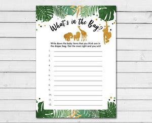 Safari Baby Shower What's in the Bag Jungle Animals Black and Gold zoo Shower Activity Diaper Bag Guessing Printable Instant Download 0016