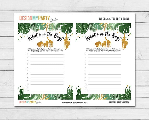 Safari Baby Shower What's in the Bag Jungle Animals Black and Gold zoo Shower Activity Diaper Bag Guessing Printable Instant Download 0016