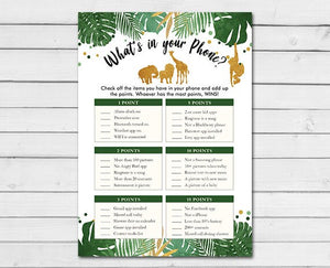 Safari Baby Shower What's in Your Phone Game Cards Wild Animals Zoo Jungle Black and Gold Greenery Leaves Printable Instant Download 0016
