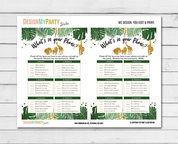 Safari Baby Shower What&#39;s in Your Phone Game Cards Wild Animals Zoo Jungle Black and Gold Greenery Leaves Instant Download Printable 0016