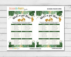 Safari Baby Shower What's in Your Phone Game Cards Wild Animals Zoo Jungle Black and Gold Greenery Leaves Printable Instant Download 0016