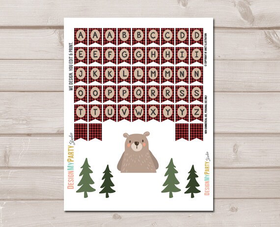 Lumberjack Cake Topper First Birthday Lumberjack Party Name Banner Buffalo Plaid Bear Woodland party decor PRINTABLE Digital 0303