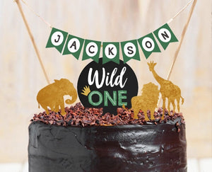 Wild One Cake Topper First Birthday Safari Animals Name Banner Black and Gold Jungle Birthday Zoo party decor PRINTABLE Digital 0016