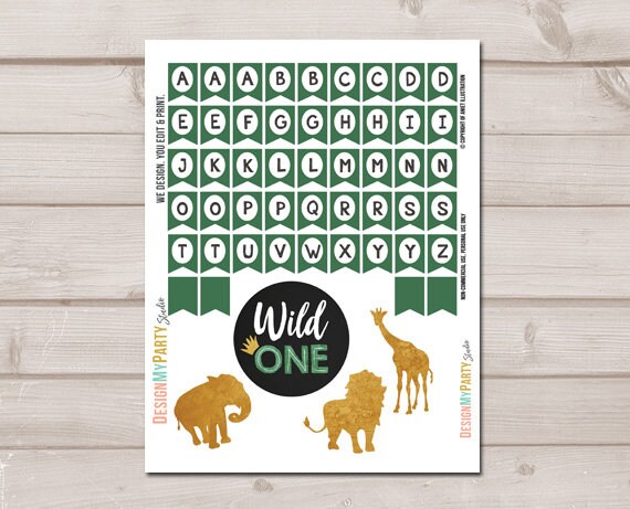 Wild One Cake Topper First Birthday Safari Animals Name Banner Black and Gold Jungle Birthday Zoo party decor PRINTABLE Digital 0016