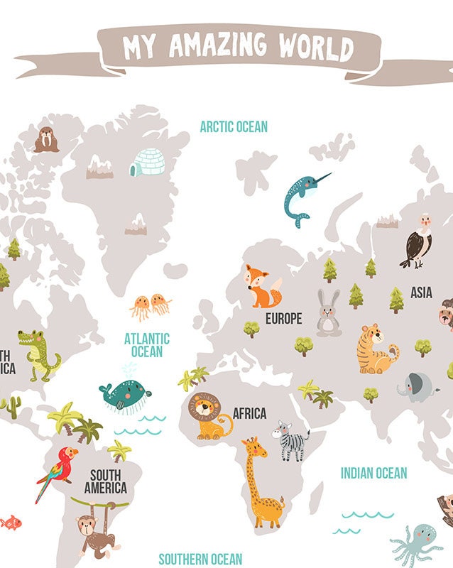 World map decal World map animals Animal World poster Map Compassion World Map Wall decal Kids room Nursery decor Digital PRINTABLE