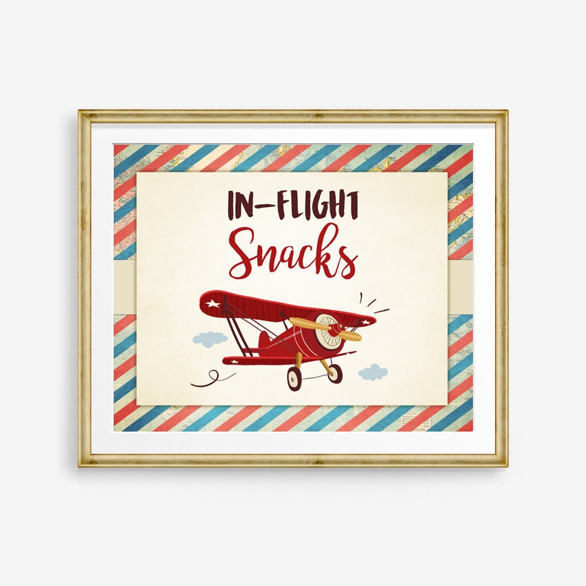 In-Flight Snacks Sign Vintage Airplane Boy Birthday Party Sign Around the World Travel Adventure Baby Shower Digital Download Printable 0011