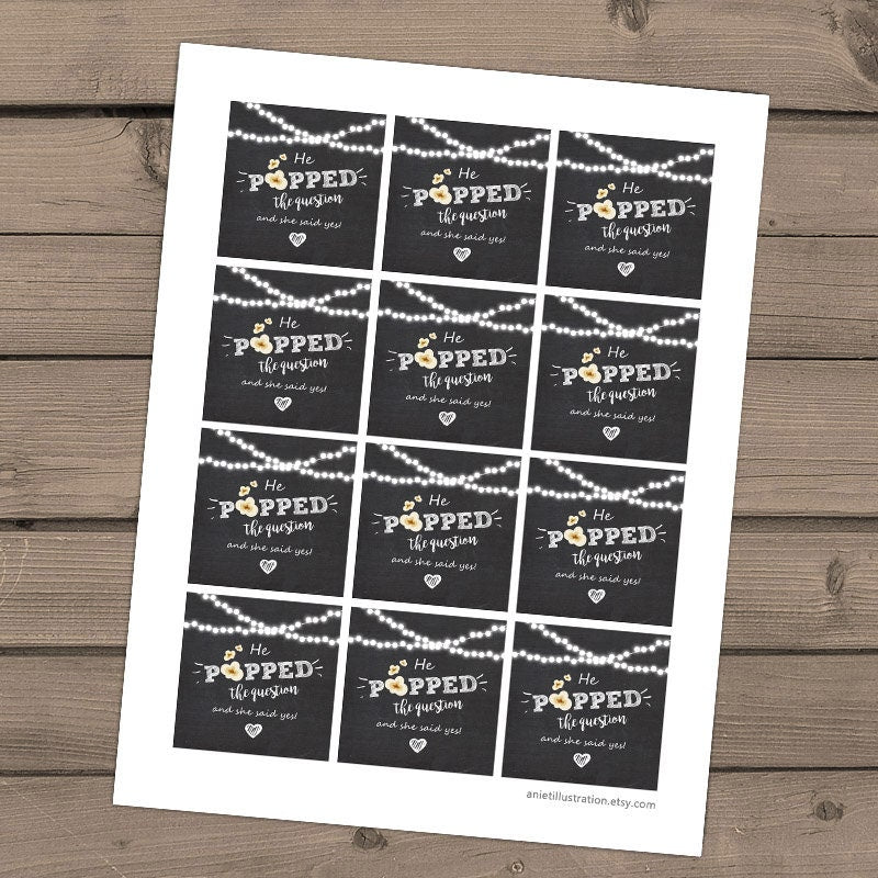He Popped the Question Gift Tag Engagement party favor tag Engagement Popcorn Favor Tag Stickers engagement wedding Stickers PRINTABLE 0110