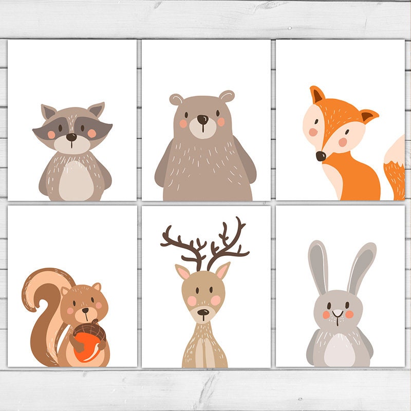 Woodland Nursery Print Kids Wall Art Poster Art Modern Minimalist Cute Giraffe Racoon Squirl Dear Bunny Bear Fox Download Printable 0039