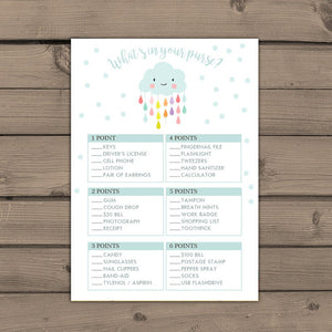 Baby shower game Whats in Your Purse Baby Shower Game Rain cloud baby shower Raindrops Rainbow Sprinkle Gender Neutral PRINTABLE 0036