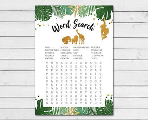 Safari Baby Shower Game Word Search Game Cards Wild One Jungle Baby Shower Activity Black and Gold Animals Printable Instant Download 0016