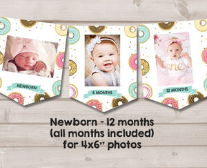 Donut First Birthday Banner Monthly Photo Banner Donut Banner Donut Birthday Party Decor Doughnut Girl Pink Teal Digital PRINTABLE 0050