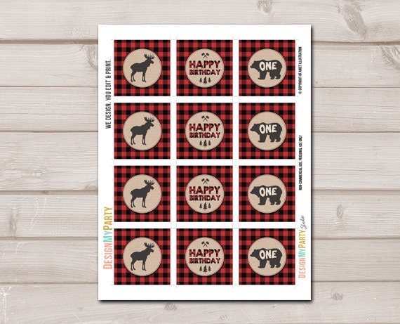 Lumberjack Cupcake Toppers Favor Tags Birthday Party Decor Moose Bear Buffalo Plaid Woodland Party Decor Digital Download Printable 0026