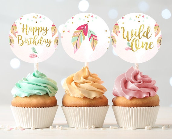 Wild One Cupcake Toppers Favor Tags Birthday Party Decoration Pink and Gold Feathers Tribal Party Boho Mint download Digital PRINTABLE 0038