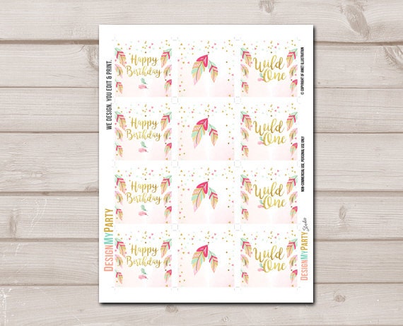 Wild One Cupcake Toppers Favor Tags Birthday Party Decoration Pink and Gold Feathers Tribal Party Boho Mint download Digital PRINTABLE 0038