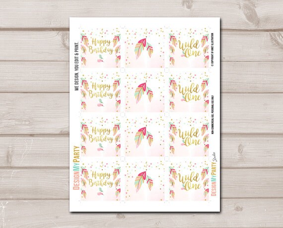 Wild One Cupcake Toppers Favor Tags Birthday Party Decoration Pink and Gold Feathers Tribal Party Boho Mint download Digital PRINTABLE 0038