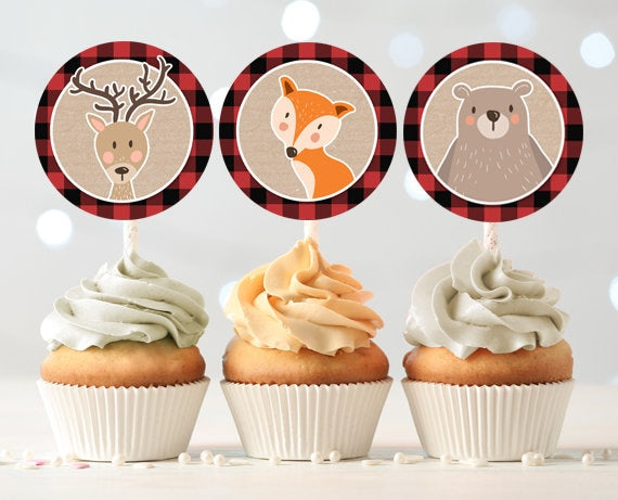 Lumberjack Cupcake Toppers Favor Tags Birthday Party Decoration Buffalo Plaid Woodland Birthday Party Decor download Digital PRINTABLE 0303