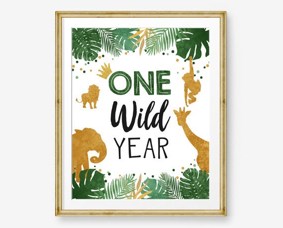 One Wild Year Birthday Sign Table Decor Safari Birthday Wild One Animals Black and Gold Party Sign Table Sign Party Jungle Printable 0016