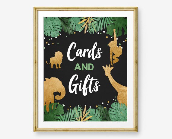 Cards And Gifts Sign Table Decor Wild One Birthday Sign Gift Table Black and Gold Party Animals Two Wild Zoo Party Jungle PRINTABLE 0016
