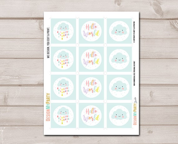 Cloud Cupcake Toppers Baby Shower Favor Tag Sticker Baby Sprinkle Rainbow Raindrops Neutral Digital Download Printable 0036