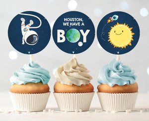 Outer Space Cupcake Toppers Favor Tags Space Baby Shower Decoration Astronaut Rocket Moon It's a Boy download Digital PRINTABLE 0046
