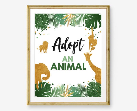 Adopt an Animal Birthday Sign Table Decor Safari Animals Party Animals Birthday Wild One Black Gold Sign Digital Download Printable 0016