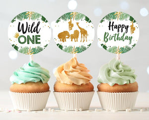 Wild One Cupcake Toppers Favor Tags Birthday Party Decoration Boy Stickers Safari Animals Black and Gold download Digital PRINTABLE 0016
