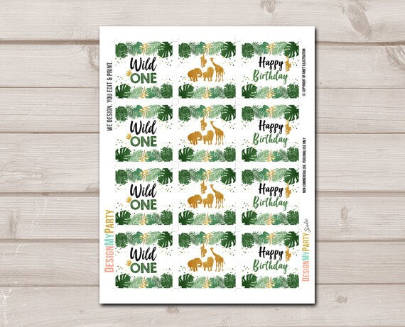 Wild One Cupcake Toppers Favor Tags Birthday Party Decoration Boy Stickers Safari Animals Party Animals Digital Download Printable 0016