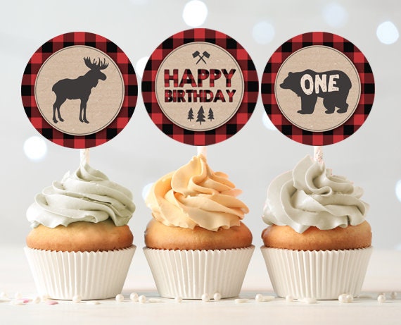 Lumberjack Cupcake Toppers Favor Tags Birthday Party Decor Moose Bear Buffalo Plaid Woodland Party Decor Digital Download Printable 0026