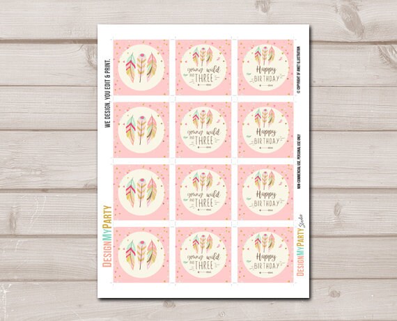 Young Wild and Three Cupcake Toppers Favor Tags Birthday Party Decoration Pink Gold Feathers Tribal Mint download Digital PRINTABLE 0073
