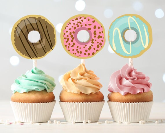 Donut Cupcake Toppers table Centerpiece Birthday Party Decoration Baby Shower Sprinkle Doughnut Pink Mint Download Digital Printable 0050
