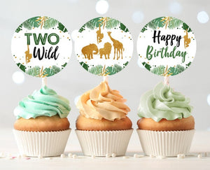 Two Wild Cupcake Toppers Favor Tags Birthday Party Decoration Boy Stickers Safari Animals Black and Gold download Digital PRINTABLE 0016