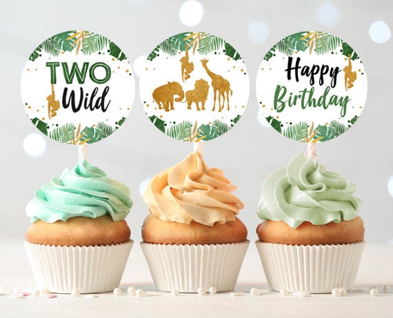 Two Wild Cupcake Toppers Safari Animals Party Animals Tag Sticker Second 2nd Birthday Boy Digital Instant Download Printable 0016