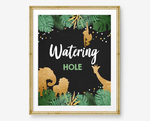 Watering Hole Birthday Sign Drink Table Decor Safari Birthday Wild One Animals Black and Gold Table Sign Zoo Party Jungle Printable 0016