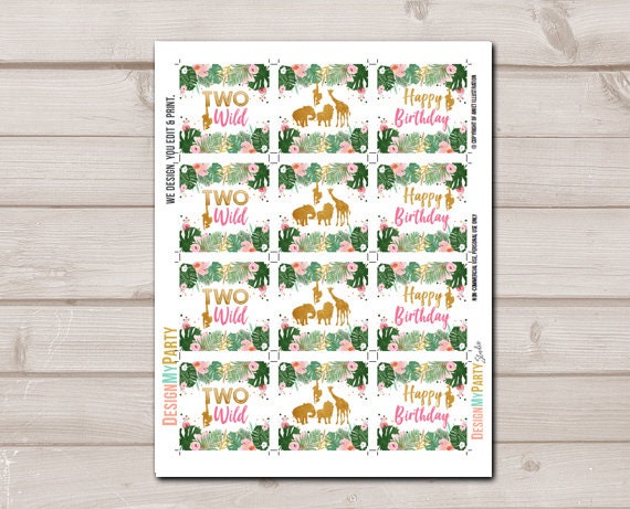 Two Wild Cupcake Toppers Favor Tags Birthday Party Decoration Girl Stickers Safari Animals Party Animals Digital Download PRINTABLE 0016
