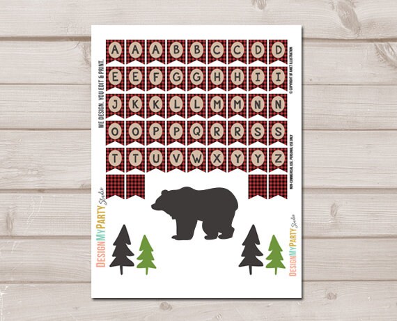 Lumberjack Cake Topper Bear Birthday Lumberjack Party Name Banner Buffalo Plaid Bear Woodland party decor Wild One PRINTABLE Digital 0026