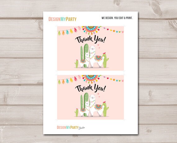Llama Baby Shower Thank you Card Llama Thank You Note Birthday Fiesta Mexican Cactus Pink Girl Succulent 4x6" Instant Download 0079