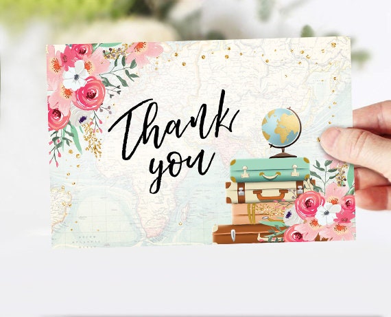 Travel Thank you Card Adventure Thank You Note 4x6&quot; Bridal Shower Pink Floral Gold Flowers Traveling Instant Download Digital Printable 0030