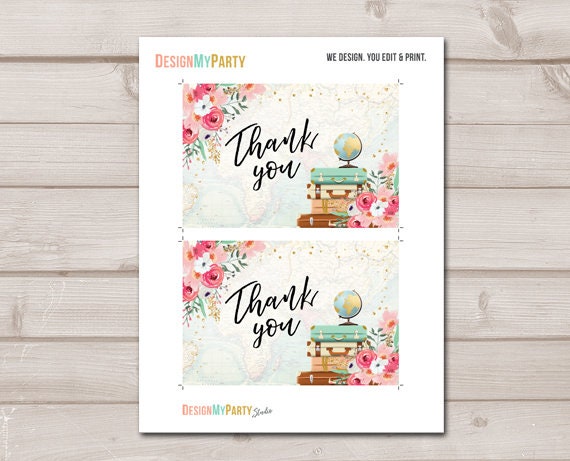 Travel Thank you Card Adventure Thank You Note 4x6" Bridal Shower Pink Floral Gold Flowers Traveling Instant Download Digital Printable 0030