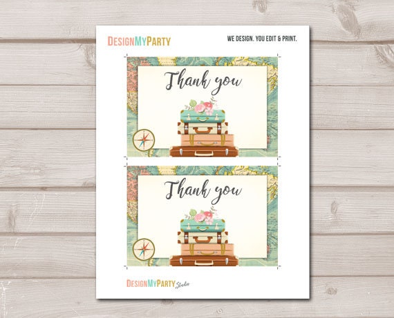 Travel Thank You Card Adventure Thank You Note 4x6&quot; Bridal Shower Pink Gold Flowers Floral Globe Confetti Instant Download Printable 0044