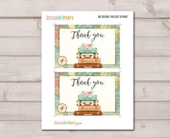 Travel Thank you Card Adventure Thank You Note 4x6" Bridal Shower Pink Gold Flowers Floral Globe Confetti Instant Download Printable 0044