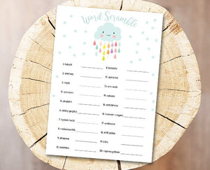 Cloud Baby Shower Word Scramble Game Cards Baby Scattagories Raindrops Rain Drops Neutral Activity Printable Instant Download DIY Game 0036